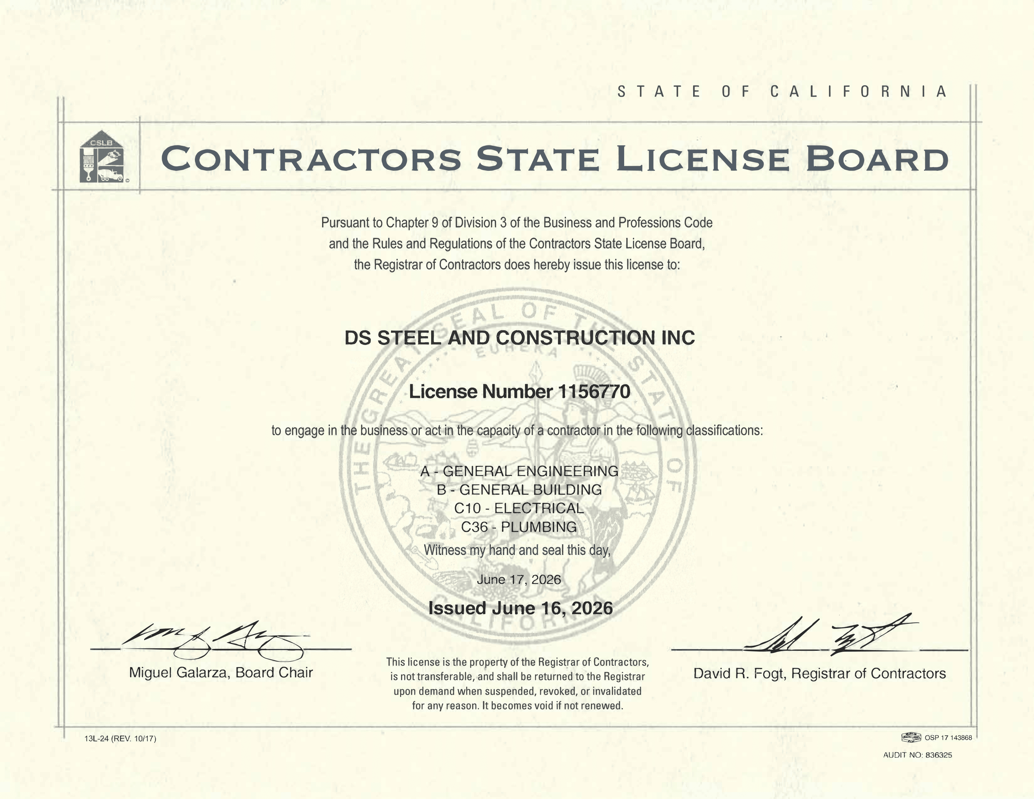 CSLB License
(A & B & C-10 & C-36)